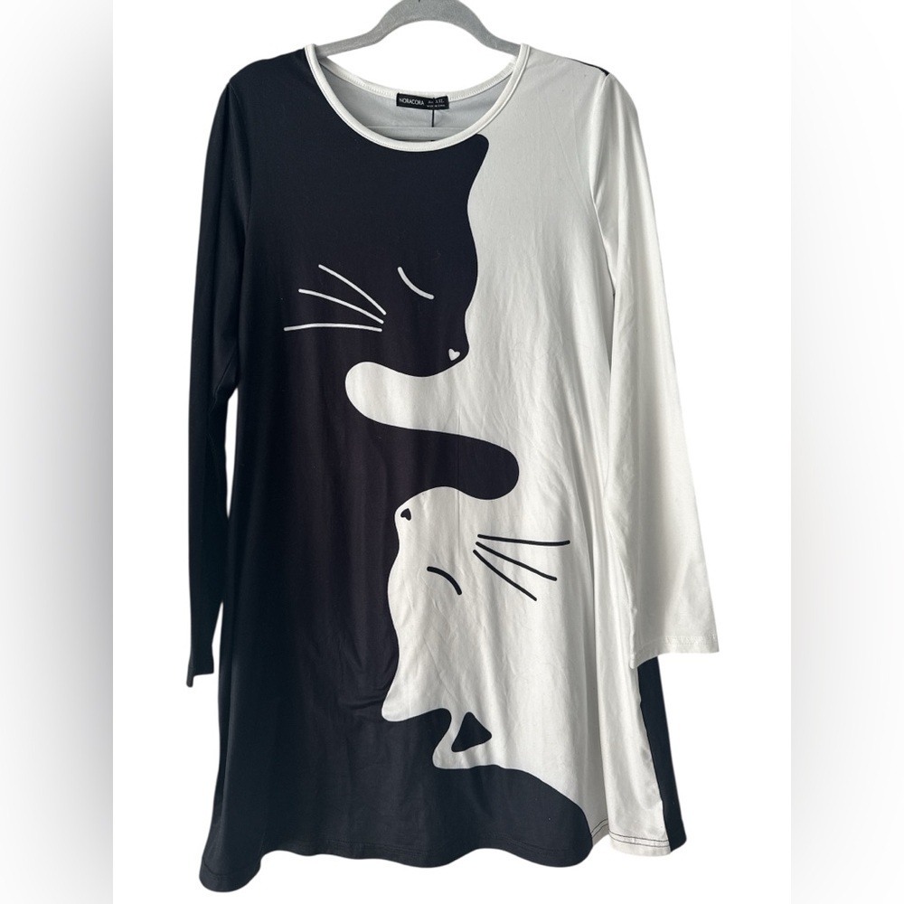 Noracora Black White Cat Tunic Top Long Sleeve Plus Size XXL NWT